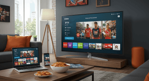 Een gezin installeert IPTV op een Smart TV in een Nederlands huishouden, genietend van live sport en films.