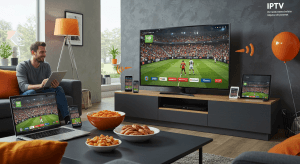 Een gezin geniet van legale IPTV op een Smart TV in 2025, met live sport en multi-device streaming in een Nederlands huishouden.