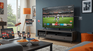 Een gezin vergelijkt IPTV-abonnementen op prijs en kwaliteit in een Nederlands huishouden, met een laptop en Smart TV.