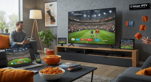 Een gezin geniet van betrouwbare IPTV op een Smart TV in een Nederlands huishouden, met live sport en films in HD-kwaliteit.