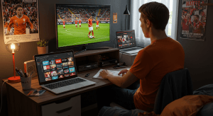 Een student geniet van betaalbare IPTV in een Nederlandse studentenkamer, met live voetbal en films in HD-kwaliteit.