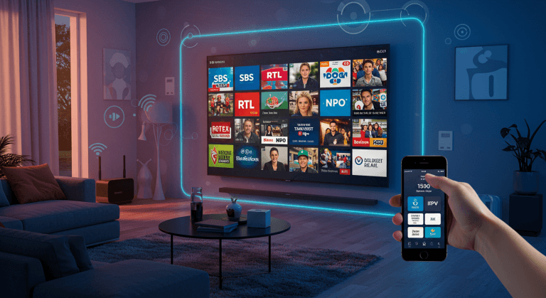 Moderne woonkamer met smart TV voor Nederlandse IPTV-streaming in 2025. Geniet van SBS, RTL, en NPO in HD en 4K kwaliteit met de beste IPTV-providers.
