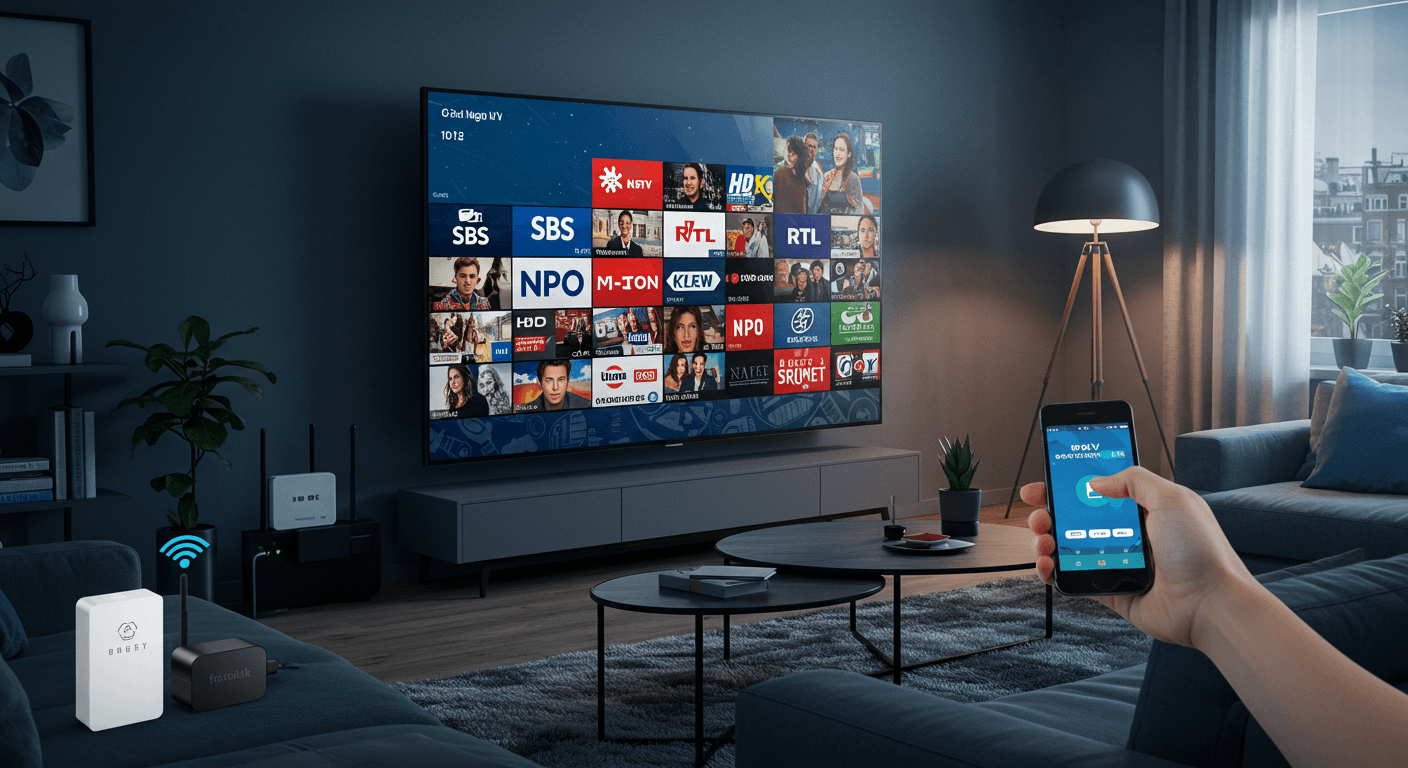 Moderne woonkamer met smart TV voor Nederlandse IPTV-streaming in 2025. Geniet van SBS, RTL, en NPO in HD en 4K kwaliteit met de beste IPTV-abonnementen.